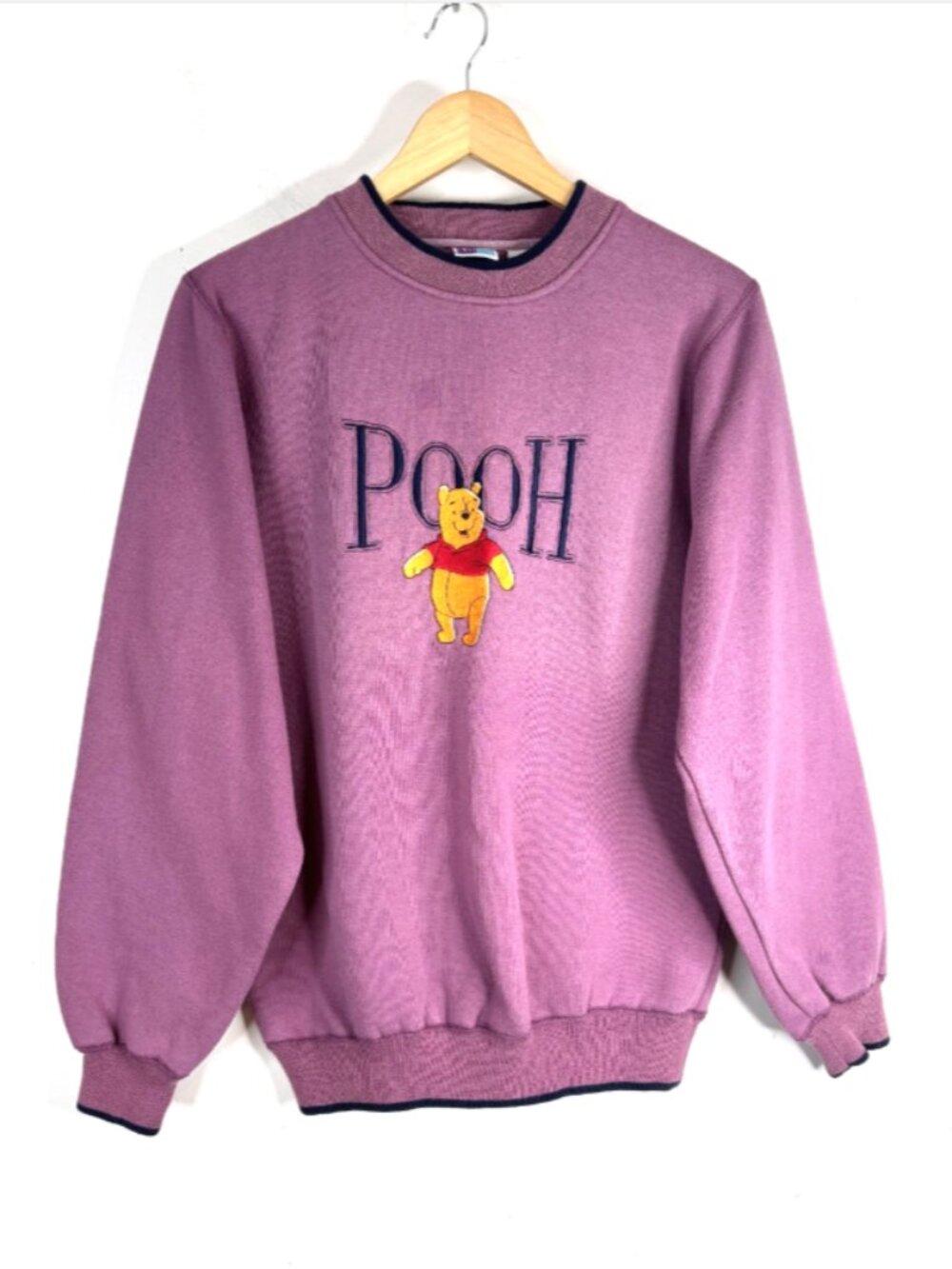 VTG 90s Pooh Embroidered Crewneck Sweatshirt M Mauve Navy Trim Retro Grannycore